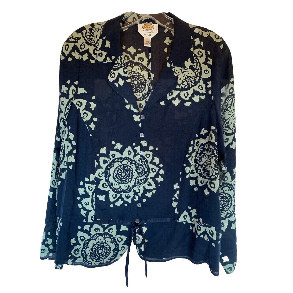 Talbots Pure Silk Chiffon Navy Blue Floral Blouse Shirt Top Sz 12W Flutter *Note